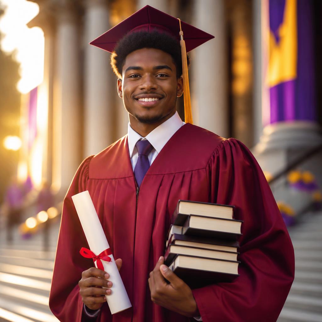 A confident graduate student smiling while holding a diploma and books
